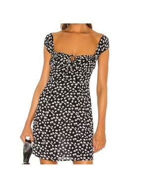 All Saints Dress Women's 6 Black Floral Kana Scatter Milkmaid Mini Cap Sleeve